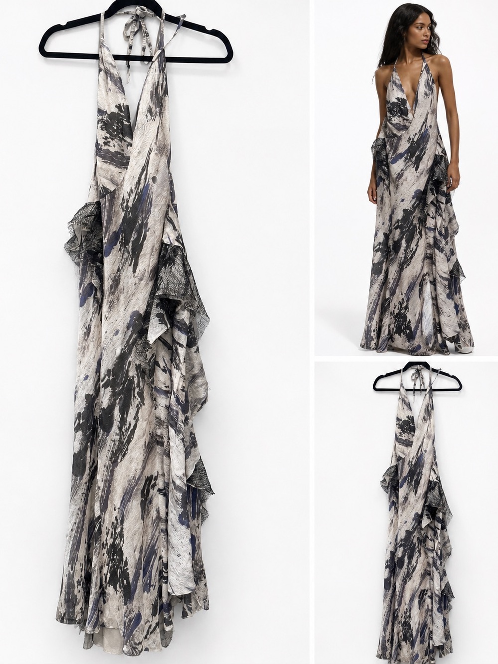 Halter Maxi Dress in Black and Cream Abstract Print